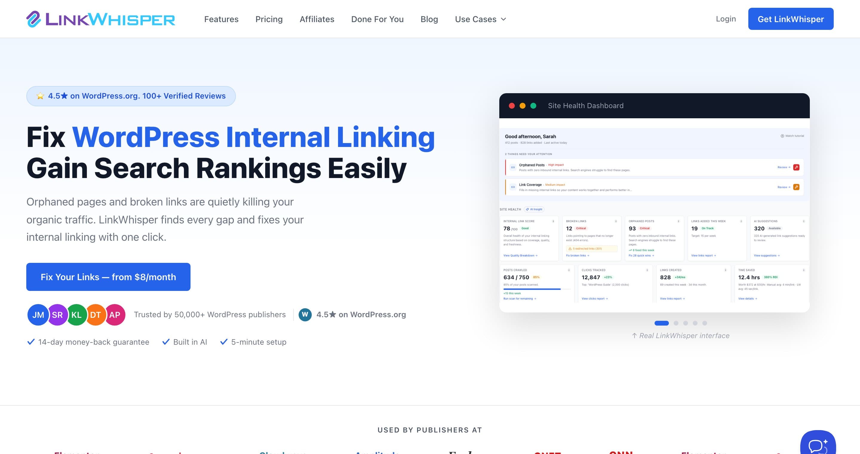 Link Whisper homepage hero showing the Site Health Dashboard