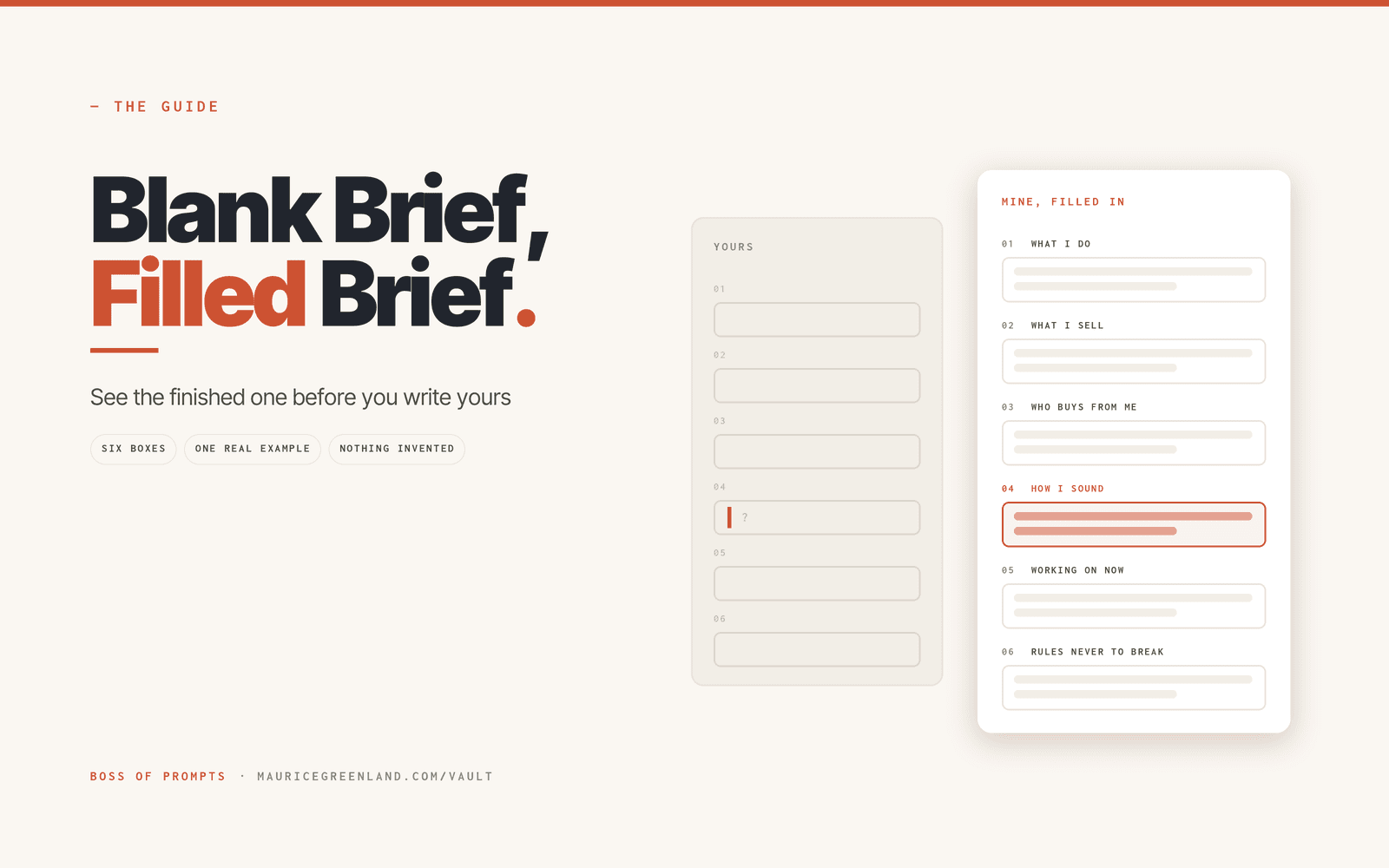 A blank business brief beside the same brief filled in, with box four — how I sound — highlighted.