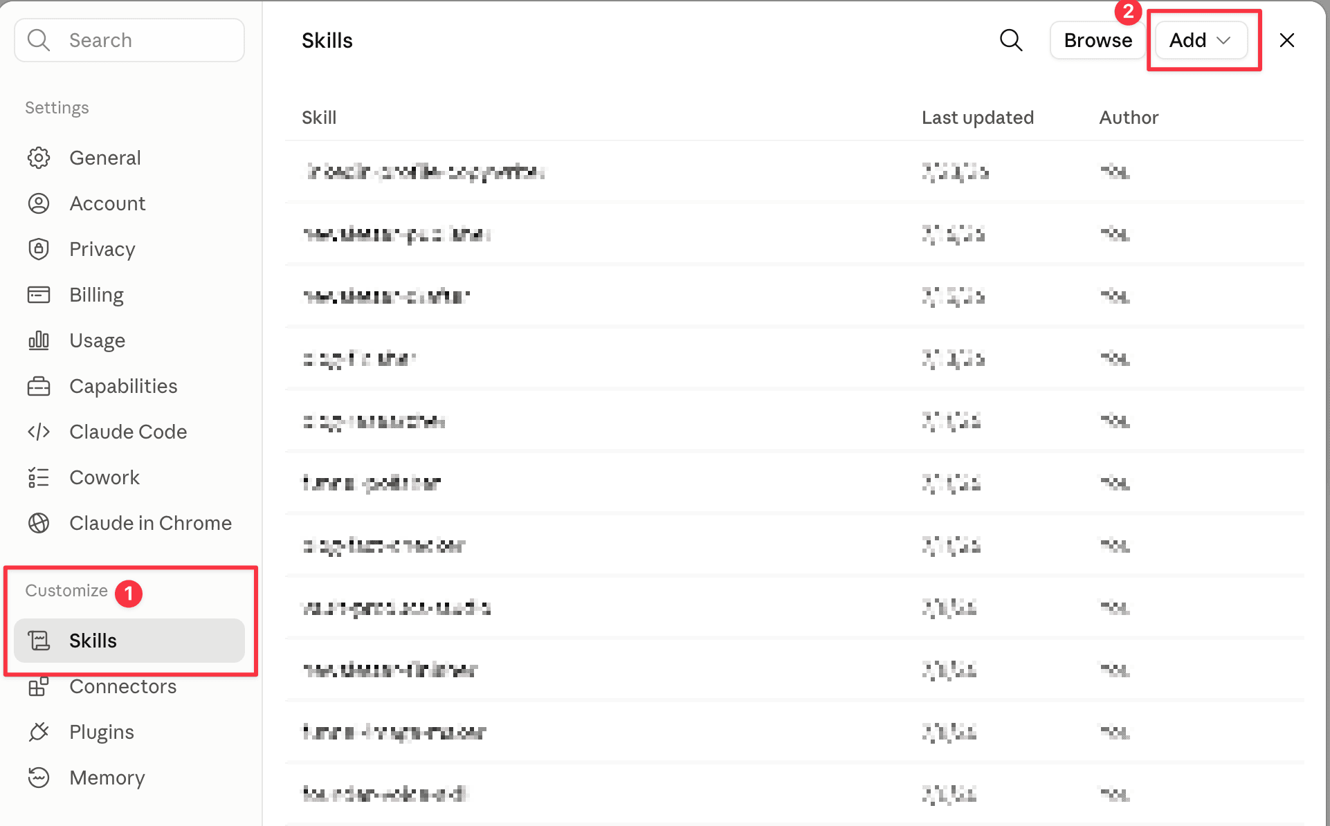 claude.ai Settings with Skills open under Customize and the Add button top right
