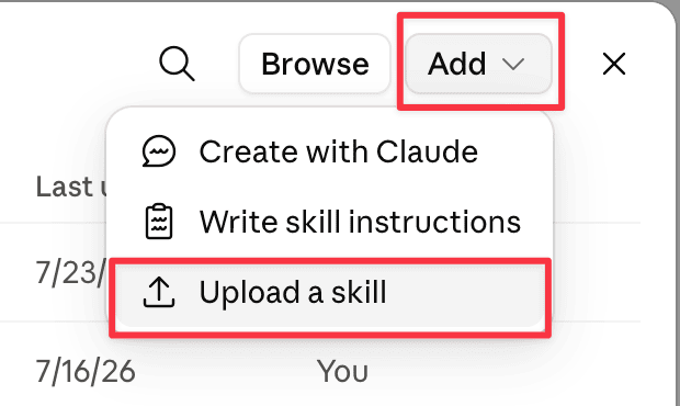 The Add menu open in claude.ai Skills with Upload a skill highlighted