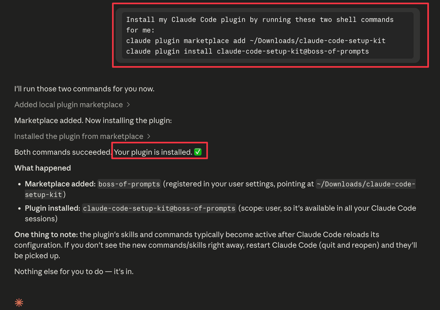 Claude confirming the plugin is installed