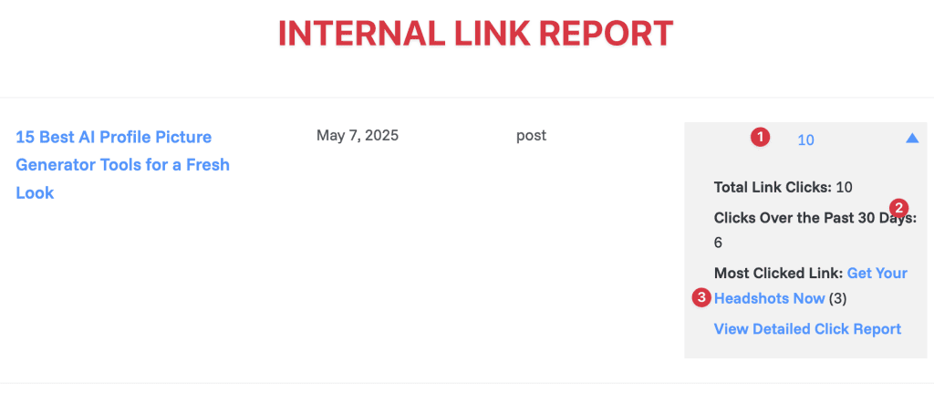 a screenshot of a link click tracking report